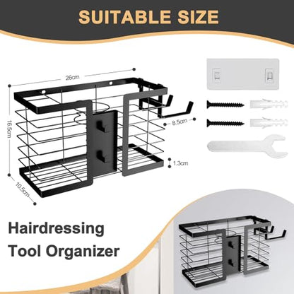 FUNKYLEE Hair Tool Organizer, 3 in 1 Metal Hair Dryer Holder Wall Mounted for Flat Iron, Curling Iron, Straightener, Styling Tools Bathroom Storage and Organizer (Black)