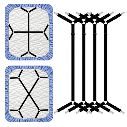 4 Pack Bed Sheet Straps Adjustable Criss - Cross Sheet Holders for Corners Heavy Duty Bed Sheet Clips Fasteners Keep Sheets in Place on Mattress Black
