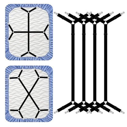 4 Pack Bed Sheet Straps Adjustable Criss - Cross Sheet Holders for Corners Heavy Duty Bed Sheet Clips Fasteners Keep Sheets in Place on Mattress Black