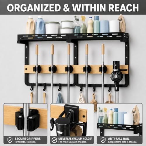 Broom Holder Wall Mount With Built-In Guardrail Shelf, Cleaning Supplies Organizer With 5 Mop Grippers, 6 Hooks And Vacuum Holder For Laundry Room Garage Pantry Kitchen