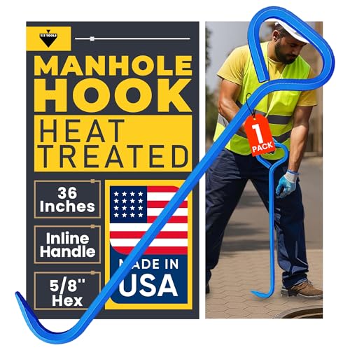 T&T Tools 36-Inch Manhole Cover Hook Tool - 5/8 Inch, Single Hook - 1 Pack | Hex Alloy Steel Construction, Heat Treated, Heavy Duty Lifting, Septic Tank Lids, Grates, Storm Drains, Pallet Pulling, Blue