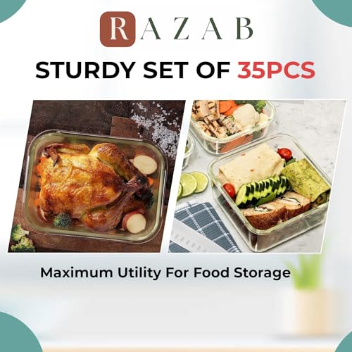 Razab 35 Pc Set Glass Food Storage Containers with Lids - Meal Prep Airtight Bento Boxes BPA-Free 100% Leak Proof (15 lids,15 glass & 5 Plastic Sauce/Dip Containers)