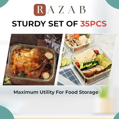 Razab 35 Pc Set Glass Food Storage Containers with Lids - Meal Prep Airtight Bento Boxes BPA-Free 100% Leak Proof (15 lids,15 glass & 5 Plastic Sauce/Dip Containers)