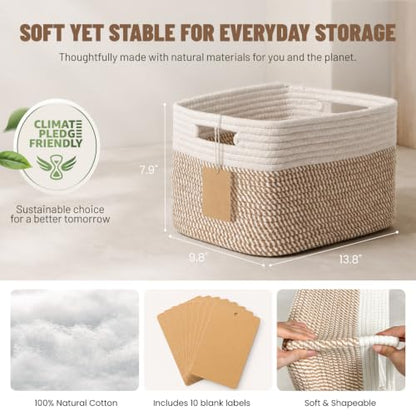 5 Pack Woven Storage Baskets, Decorative Storage Bins for Organizing | 13.8'' × 9.8'' × 7.9'', Cotton Rope Basket Organizer for Closet, Shelves, bathroom, Nursery, Toys, Books, Pantry, Khaki/White