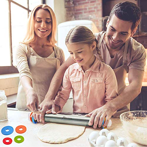 Rolling Pin and Silicone Baking Pastry Mat Set, Stainless Steel Dough Roller, Rolling Pins with Adjustable Thickness Rings, for Baking Fondant, Pizza, Pie, Pastries, Pasta, Cookies