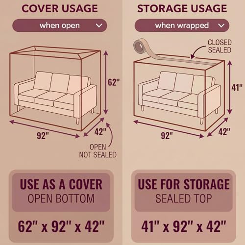 Wowfit 4mil Couch Cover for Moving, Clear Sofa Storage Bag, 92Wx42Dx62/41H | With Tape Strips & Labels, Heavy Duty, Tear-Resistant, Waterproof, Reusable, Oversized/3-Seat Sofa, Long-Term Garage Storage
