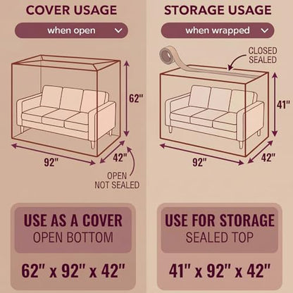 Wowfit 4mil Couch Cover for Moving, Clear Sofa Storage Bag, 92Wx42Dx62/41H | With Tape Strips & Labels, Heavy Duty, Tear-Resistant, Waterproof, Reusable, Oversized/3-Seat Sofa, Long-Term Garage Storage