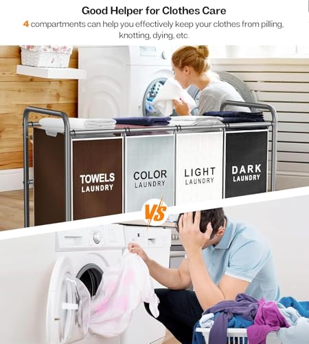 Laundry Hamper Sorter Cart, 4-Section Organizer with Lockable Wheels | Heavy-Duty 180L Rolling Laundry Basket with Removable Bags for Dirty Clothes in Laundry Room or Small Spaces, Multicolor