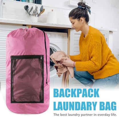Olosar Laundry Bag Backpack, Extra Large Travel Laundry Bag with Mesh Pocket & Adjustable Shoulder Straps,Dirty Clothes Travel Bag for College Students Dorm,Apartment(Pink)