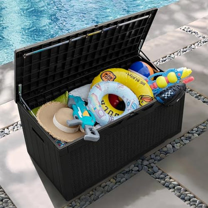 Greesum 100 Gallon Resin Patio Storage Box for Garden Tools, Black | Outdoor Furniture Cushions, Pool Supplies