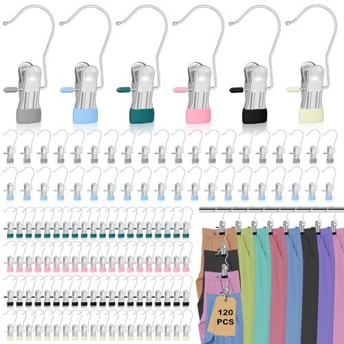 120 Pcs Legging Organizer for Closet Hanging - Stainless Steel Jeans Hangers with Clips, Multi-Purpose Skirt Hangers with Clips for Pants, Shorts, Towels, Boots Storage and Space Saving Solution