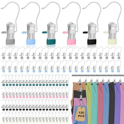 120 Pcs Legging Organizer for Closet Hanging - Stainless Steel Jeans Hangers with Clips, Multi-Purpose Skirt Hangers with Clips for Pants, Shorts, Towels, Boots Storage and Space Saving Solution