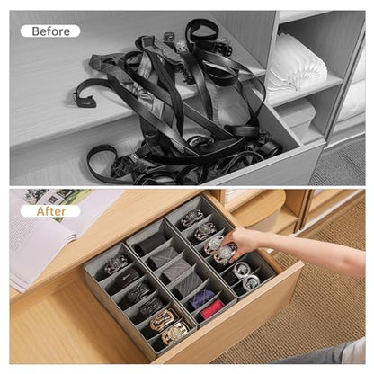 3 Packs Fabric Belt Organizer for Closet and Drawer, Foldable 6 Grids Dresser Drawer Organizers, Belt Tie Holder, Tie Box-Grey