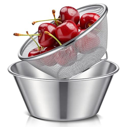 Mini Colander Food Strainer,5.51 x 2.36 Inches,Round,2 | Fine Mesh Colander with Bowl, 304 Stainless Steel, Strainer for Washing Fruits Vegetables Rice, Kitchen Cooking Prep
