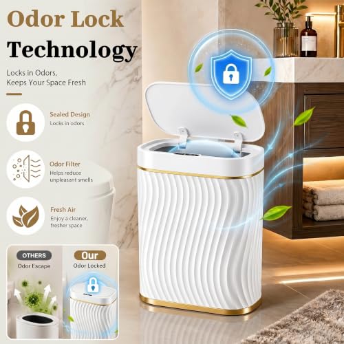 2.6 Gallon Automatic Bathroom Trash Can with Touchless Lid, White Gold | Motion Sensor Trash Can with Slim Waterproof Body; Small Plastic Garbage Can, hands-free lid for Bedroom, office, and kitchen