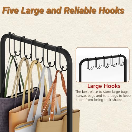 Floor-Standing Purse Organizer for Closet, Tall Handbag Storage Rack | 3-Tier Storage: Five top hangers and six side hooks hold bags and accessories; 15.35-inch width fits closets and corners.