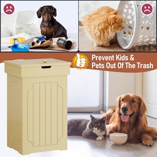 Function Home Trash Can Cabinet, 13 Gallon Kitchen Garbage Can, Wood Recycling Trash Bin, Freestanding Dog Proof Trash Can, Farmhouse Trash Cabinet with Lid for Home Kitchen Bathroom, Yellow