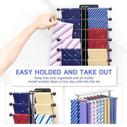 Tie Rack Wall Mounted, Tie Organizer for Men, Tie Rack Hanger for Closet Metal, Adhesive Tie Holder Organizer with 20 Hooks, Tie Storage for Wall Bedroom Living Room Dresser Room (Black)