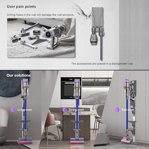 Vacuum Stand for Dyson V15 V12 V11 V10 V8 V7 V6 G5 with Accessory Storage High-strength aluminum alloy columnwith Foldable Storage Hooks and Heavy-Duty Carbon Steel Base, No Drill Installation