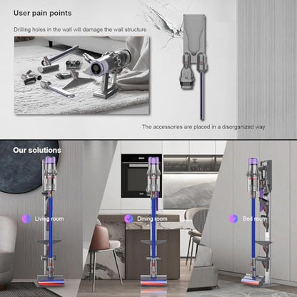 Vacuum Stand for Dyson V15 V12 V11 V10 V8 V7 V6 G5 with Accessory Storage High-strength aluminum alloy columnwith Foldable Storage Hooks and Heavy-Duty Carbon Steel Base, No Drill Installation