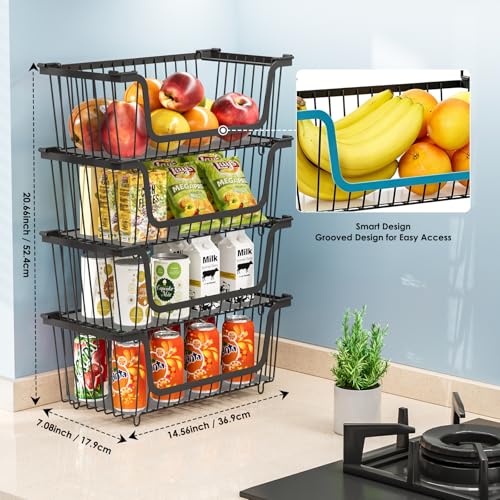 4 Pcs Stackable Wire Baskets Pantry Organizers and Storage Bins,Black | Breathable Metal Design with Rotating Handle,Ideal for Potato Onion Garlic Fruit Snack Veggie Kitchen Countertop Organization