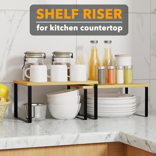 Cabinet Shelf Organizers 2 Pack, Kitchen Counter R... (Black + Natural | Bamboo)