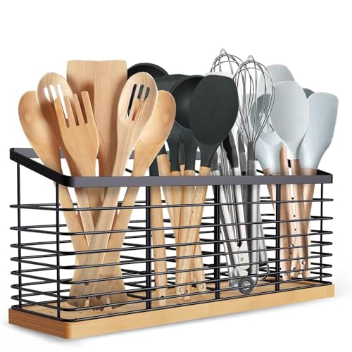 Suli Extra Large Kitchen Utensil Holder, 4 Compartments, Black | Metal Utensil Holder with Wooden Base for Countertop, Rustic Cooking Utensil Organizer, Spacesaving, Large Capacity