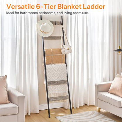 HOOBRO Blanket Ladder, 6-Tier Towel Rack with Hooks, Wall-Leaning Blanket Rack, Decorative Display Ladder Shelf, Scarves, Industrial, Living Room, Bedroom, Black and Greige BG66CJ01