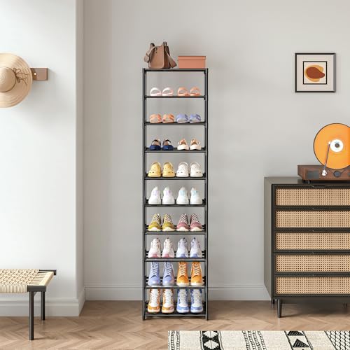 Autonomier 10 Tier Tall Shoe Rack (16.3" Wide), Narrow Lightweight Shelf | Compact Vertical Shoe Stand, Small Space Saving for Closet Floor, Dorm Storage Organizer, Front Door Entrance, Entryway