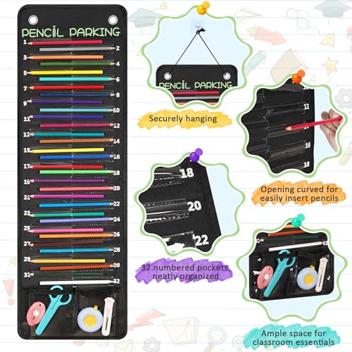 32-Pocket Pencil Parking for Classroom, Hanging Pencil Holder Wall Organizer | Numbered Portable Pencil Parking Pocket Chart, Pencil Holder for Classroom Organization, School Storage Supplies (Black)