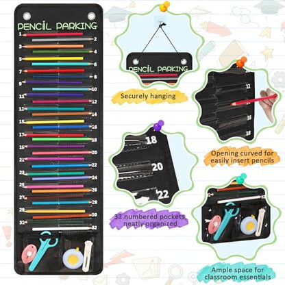 32-Pocket Pencil Parking for Classroom, Hanging Pencil Holder Wall Organizer | Numbered Portable Pencil Parking Pocket Chart, Pencil Holder for Classroom Organization, School Storage Supplies (Black)