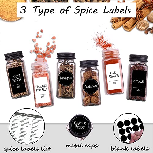 25 Spice Jars with 547 Labels- Glass Spice Jars with Black Metal Caps, 4oz Empty Spice Containers with Shaker Lids, Funnel, Chalk Pen, Square Seasoning Bottles for Spice Rack, Drawer, Cabinet