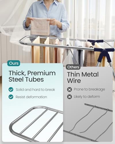 SONGMICS Clothes Drying Rack, Foldable Laundry Drying Rack, Blue | Sock Clips, Metal Clothes Airer with Height-Adjustable Gullwings, Space-Saving, Indoor Outdoor, ULLR505EQ01