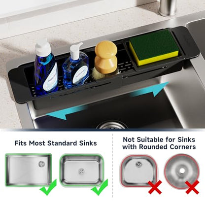 NiHome Extendable Kitchen Sink Caddy, Small Brush Sponge Storage Holder | Expandable Kitchen In Sink Organizer for Brush & Sponge with Drainage, Adjustable Length, Non-Slip Pads, Durable ABS (Black)
