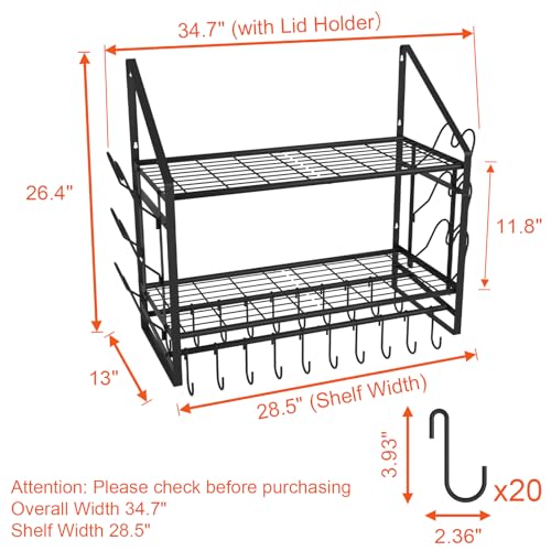VyGrow 28 Inch Pot Rack Wall Mounted, 2 Tier Pots and Pans Organizer with 20 Hooks and 6 Pot Lid Holders, Heavy Duty Steel Pot and Pan Hanger for Kitchen Cookware Utensils Storage 34.7" Lx13 Wx26.4 H