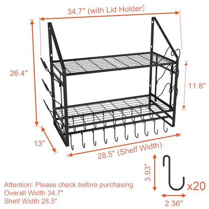 VyGrow 28 Inch Pot Rack Wall Mounted, 2 Tier Pots and Pans Organizer with 20 Hooks and 6 Pot Lid Holders, Heavy Duty Steel Pot and Pan Hanger for Kitchen Cookware Utensils Storage 34.7" Lx13 Wx26.4 H