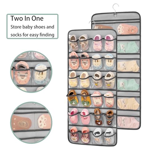 Dual-sided Hanging Baby Shoes Organizer Closet Toddler Shoe Storage Holder for Kids Bow Socks Underwear (GREY)