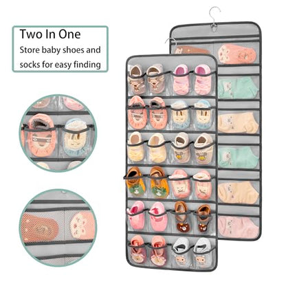 Dual-sided Hanging Baby Shoes Organizer Closet Toddler Shoe Storage Holder for Kids Bow Socks Underwear (GREY)