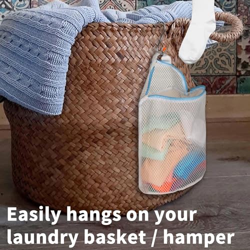5Pcs Hanging Laundry Bags for Socks with S Hooks,12 X 10 inch 5 Color Mesh Laundry Bags for Washing Machine