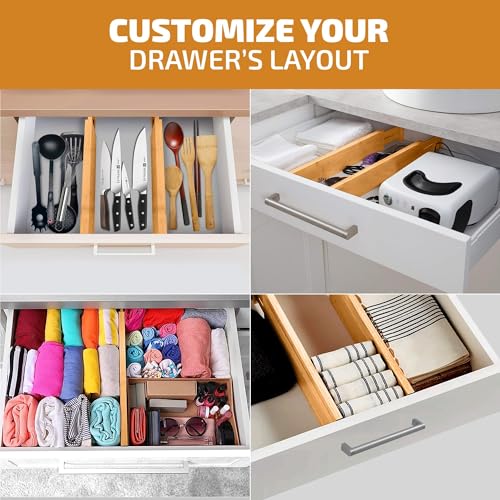4-Pack Drawer Dividers 2.6-Inch High Dresser Drawer Organizer 16 to 22 Inch | Bamboo, Spring Loaded, No Tools Needed, Fits Wide Drawers for Socks, Clothes, Utensils, Bedroom, Bathroom, Kitchen, Office
