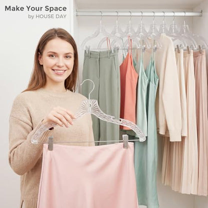 HOUSE DAY Clear Plastic Pants Hangers 12 Pack, Set Hanger for Tops and Bottoms, Non Slip Skirt Hangers with Adjustable Clips, Shoulder Notches, 360° Swivel Hook