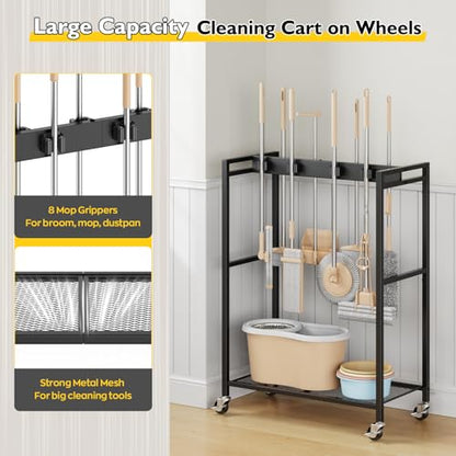 BORISI Broom And Mop Holder, Movable Broom Closet Storage Cabinet, Cleaning Cart with Mop Hanger Gripper Rack, Janitorial Cart, Utility Carts, Laundry Room Organization Home Essentials