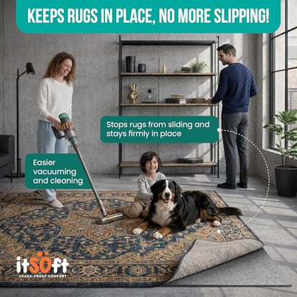Premium Non Slip Rug Pad 5x7 Feet, 1/4" Thick Cushioned Rug Gripper for Hardwood Floors, Vinyl, Laminate, Stone, Carpet & Tile, Under Rug Padding Protects Floors