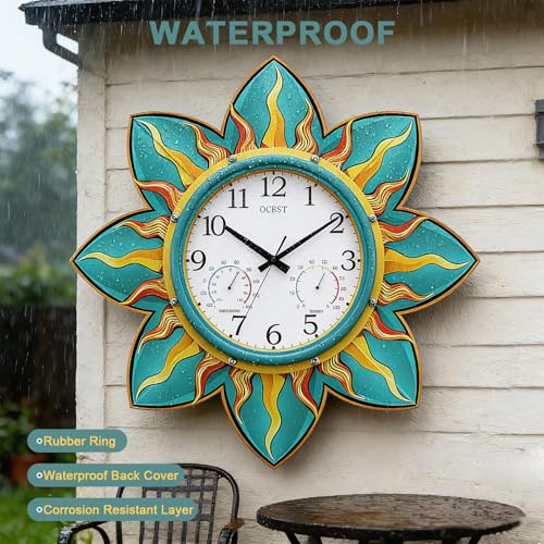 24-in Outdoor Clock Waterproof with Thermometer Hygrometer for Patio | Large Display, Silent, Metal Flame Petal, Weatheproof, Easy to Read, Battery Operated, Garden Pool Garage Porch Outside Decor