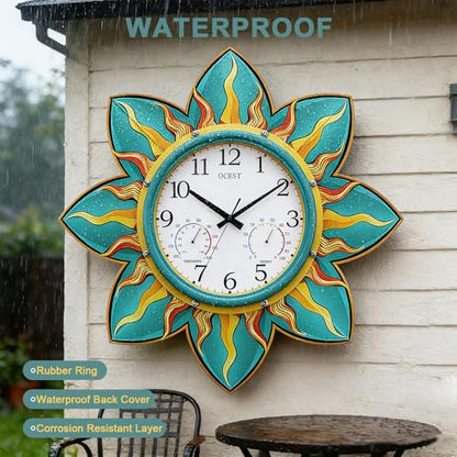 24-in Outdoor Clock Waterproof with Thermometer Hygrometer for Patio | Large Display, Silent, Metal Flame Petal, Weatheproof, Easy to Read, Battery Operated, Garden Pool Garage Porch Outside Decor