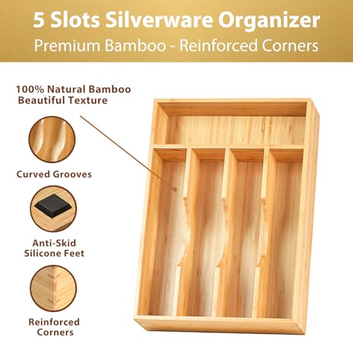 Bamboo Kitchen Drawer Organizer, 8.25 Inch Silverware Utensils Tray Holder for Small Drawer, Wood Caddy for Flatware Cutlery Knives