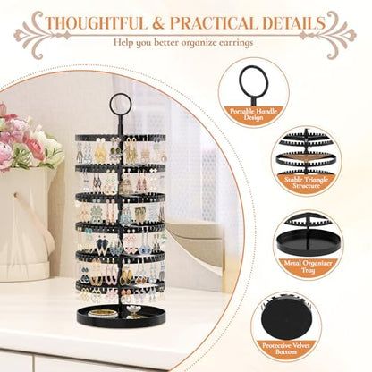iDavosic.ly 6 Tier Rotating Earring Holder Organizer, Metal Tray, Black | Space Saving Display Stand Tree, Large Capacity Storage Rack with 342 Plastic Grooves, Adjustable for Long Dangle Hoop & Stud