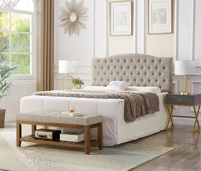 24KF Large Rectangular Upholstered Tufted Linen Fabric Ottoman Bench, Padded Bench with Solid Wood Shelf-Linen