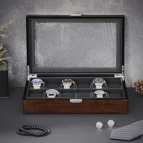 BEWISHOME Watch Case, 12-Slot Watch Box Organizer with Large Glass Lid | Watch Cases for Men, Wooden Watch Boxes, Removable Watch Pillows, Watch Storage, Synthetic Leather Interior, Brown SSH12Y