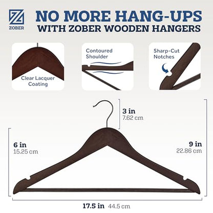 ZOBER Wooden Hangers - Heavy Duty, Non Slip Wood Hangers for Coats, Jackets, Suits, & Pants - Coat Hangers for Closet W/Bar and Notches 20 Pack